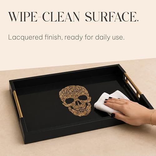 Gothic Skull Serving Tray, Black Gloss, Gold Handles by Death Decor