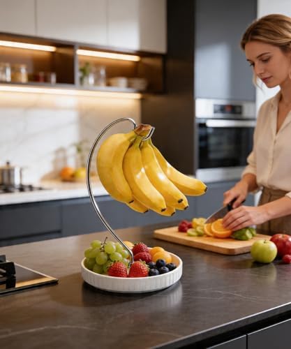 VROOMIUM Banana Holder Stand, Ceramic Bowl Easy Clean, Fruit Basket, Silver