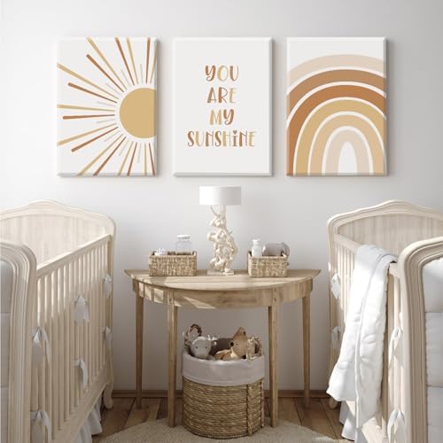Baccone Boho Nursery Wall Art Baby Girl Wall Decor Kids Rainbow Canvas Wall Art You Are My Sunshine Pictures Toddler Sun Prints Nursery Artwork for Room Bedroom Set of 3 16x24 Inch Wrapped Canvas