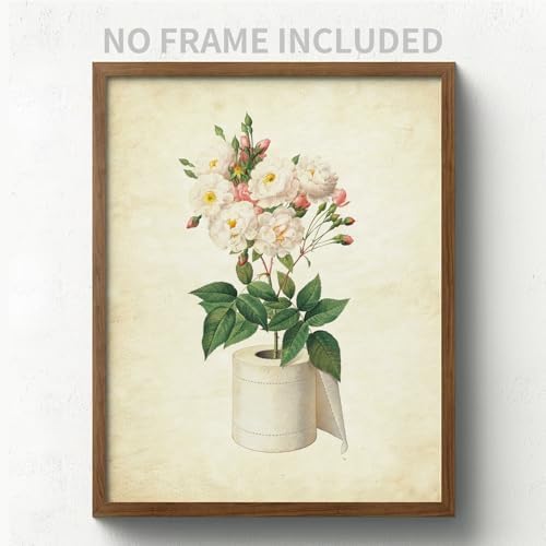SWITHOM Funny Bathroom Wall Art, Vintage Botanical White Rose Flower Art Print, 8x10 Inch Unframed Toilet Paper Poster, Shimmer Paper School Art for Restroom Guest Room Decor, Humor Housewarming Gift for Women & Friends
