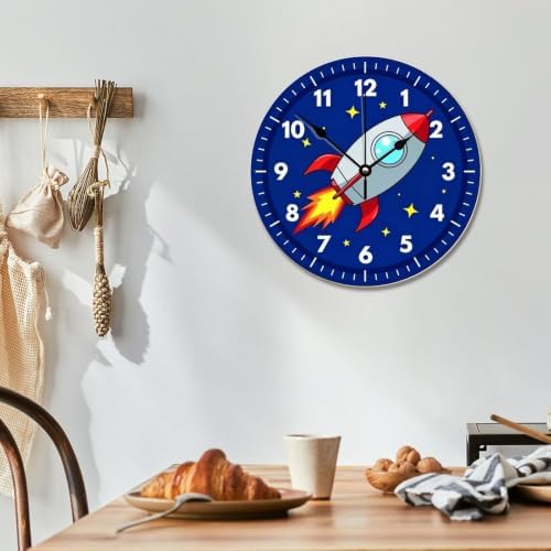 ArogGeld Kids Room Wall Clock Colourful Rocket Ship Outer Space Wood Clock
