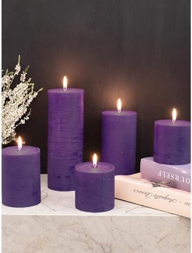 CANDWAX Purple Pillar Candles 3x8 Inch – Set of 2 Unscented Dripless Large Candles, Rustic Finish for Weddings, Events, Interior Styling