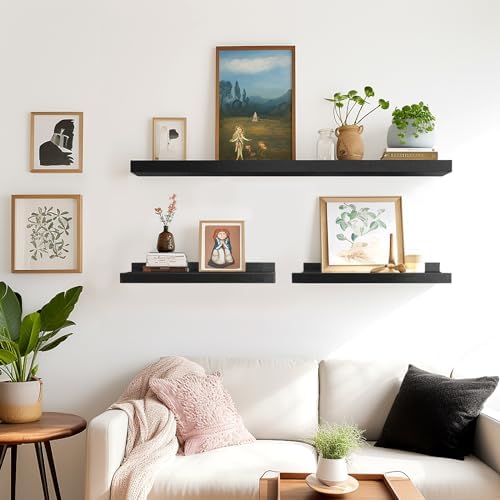 LaVie Home 35.4-Inch Black Floating Shelves for Wall Storage Set of 4 - Modern Minimalist Picture Ledge Shelf Wall Decor for Kitchen, Bedroom, Bathroom, and Living Room, Large Floating Shelves