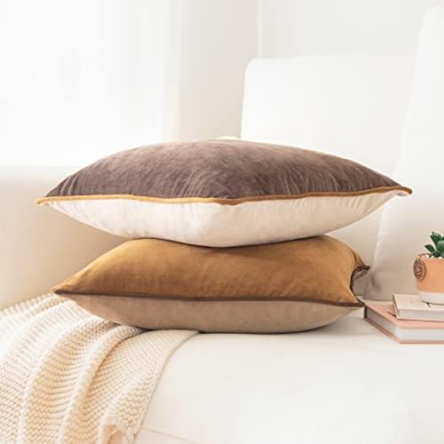 MONDAY MOOSE Decorative Throw Pillow Covers Cushion Cases, Set of 2 Soft Velvet Modern Double-Sided Designs, Mix and Match for Home Decor, Pillow Inserts Not Included (22x22 inch, Brown/Beige)
