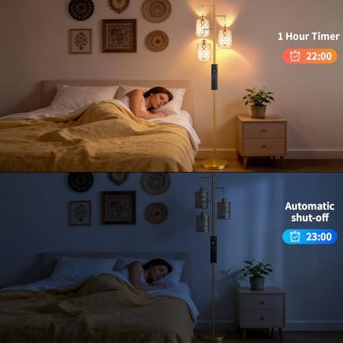 72" Dimmable Floor Lamp with Remote & Timer, Modern Industrial Standing Lamp for Living Room Bedroom, 3 Individually Controlled Heads, 2 Height Options, 3 x 800LM LED Bulbs Included - Gold
