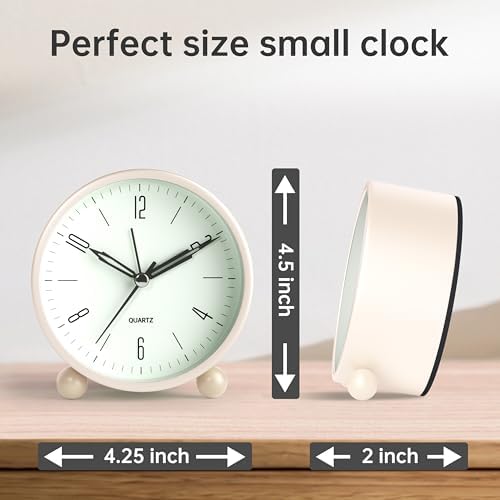 JALL Analog Alarm Clock, 4 inch Super Silent Non Ticking Small Clock with Night Light, Battery Operated, Simple Design, Old Fashioned Style Cream Decor, for Bedroom, Bedside, Desk, Adult, Gift, White