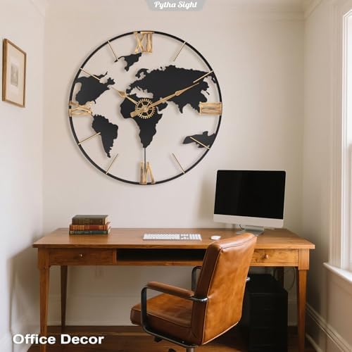 Pytha Sight 20 Inch Large World Map Vintage Gold Roman Numerals Wall Clock
