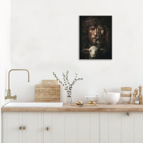Jesus Canvas Wall Art Lion of Judah Pictures Christian Art Painting Religious God Prints Sheep Lion Modern Artwork for Bathroom Living Room Bedroom Office Framed Wall Decor 12"x16"