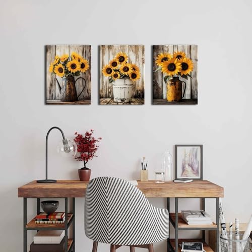 Sunflower Wall Art Farmhouse Sunflowers Pictures Wall Decor for Kitchen Rustic Flowers Painting Poster Vintage Country Floral Prints Canvas Artwork for Bathroom Office Home Decorations 12x16" 3Pcs