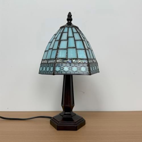 Small Tiffany Style Table Lamp,3 Color Temperature Grid Blue Stained Glass Table Lamps,Bedside Nightstand Night Light for Bedroom,Living Room, Dining Room W/LED Bulb,6X6X13Inch