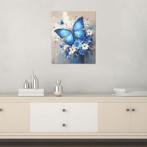Crekviy Blue Butterfly Flower Wall Art Vintage Butterfly Pictures Wall Decor Canvas Prints Painting Artwork Decoration Girls Gifts for Bathroom Bedroom Living Room Framed 20"x24"