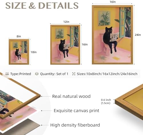 Cyebmo Funny Bathroom Wall Art, Cute Black Cat Sitting on Toilet Reading Newspaper Wall Decor, Whimsical Pink Abstract Animal Canvas Artwork for Bathroom Kid's Restroom Bedroom Wood Framed 16x24 Inch