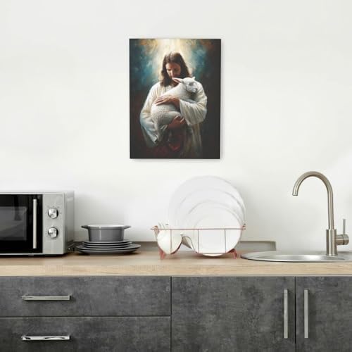 Jesus and Lamb Wall Decor Pictures Jesus with Lamb Wall Art Religious Christian Canvas Prints Painting God Faith Artwork Decoration for Bathroom Bedroom Living Room Framed Gifts 20"x24"