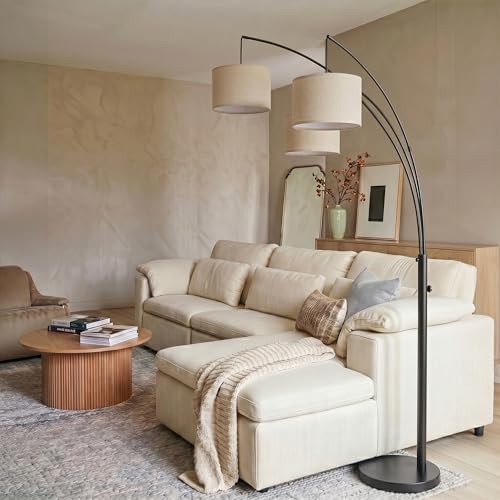 Brightech Trilage Arc Floor Lamp - Large Standing Lamp with 3 Fabric Shades & LED Bulbs for Living Room Over the Sofa, Reading, Multi-Head Traditional Tree Floor Lamp for Bedroom - Black