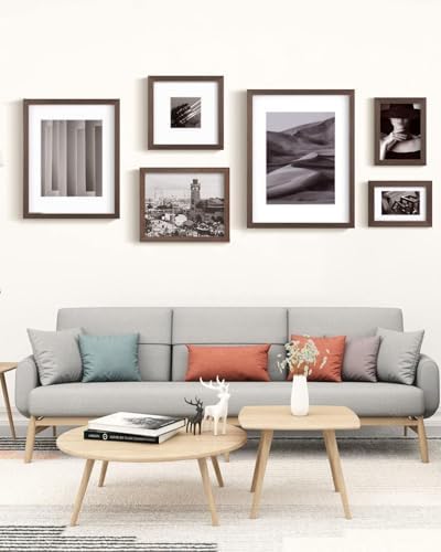 Egofine 6x8 Picture Frames Set of 4, Made of Solid Wood Covered by Plexiglass 4x6 and 5x7 with Mat or 6x8 without Mat, for Table Top Display and Wall Mounting Photo Frame Brown