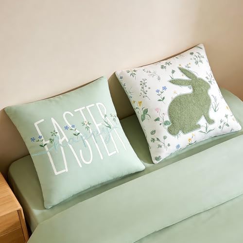 DN DECONATION Easter Pillow Covers 18x18 Inch, Spring Throw Pillow Covers Set of 2, Farmhouse Decorative Lumbar Pillows Case for Couch, Sofa, Living Room, Easter Home Green Bunny Decor
