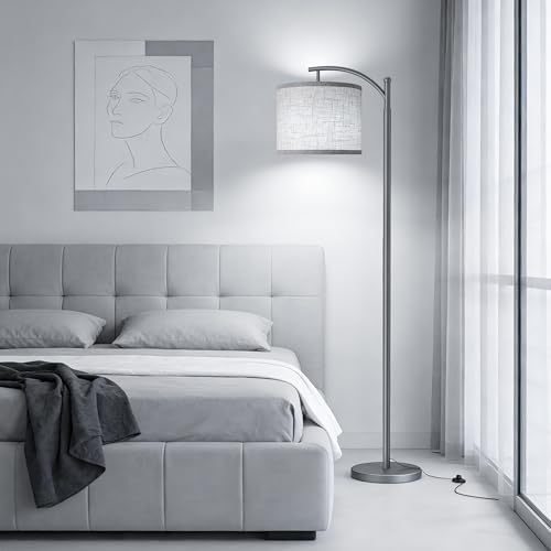Floor Lamp for Living Room with 3 Color Temperatures LED Bulb, Standing Lamp Tall Industrial Floor Lamp Reading for Bedroom, Office (9W LED Bulb, Beige Lampshade Included) -Grey