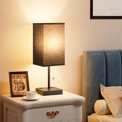 Black Lamp for Bedroom - 3 Color Temperatures, USB A+C, 2 AC Outlets