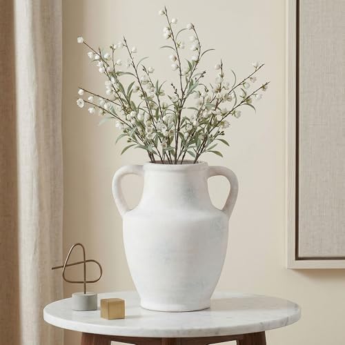 Ceramic Flower Vase with Handles, 8.66 inch Tall Ceramic Vase Farmhouse Rustic Vases Decorative Pottery Vases for Home Decor Living Room Bookshelf Table Centerpiece Desk Bathroom Fireplace, White