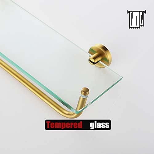 JQK Bathroom Glass Shelf, Shelf with 16 Inch Towel Bar Tempered Glass Shower Storage 16 by 5 inches, 304 Stainless Steel Brushed Gold Wall Mount, TGS100-BG