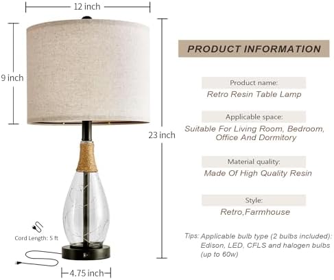 OYEARS 23" Table Lamps for Living Room Set of 2 Bedside Lamps for Night Stands Bedroom Lamps Farmhouse Rattan Boho Lamp Glass Nightlight End Table Lamp with USB C+A (Black),Two Light Points
