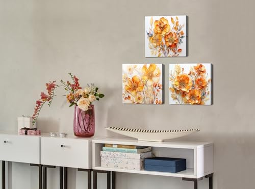 Orange Wall Art Bathroom Decor Fall Flower Pictures Wall Decor for Bedroom | Abstract Poppy Canvas Prints Nature Burnt Orange Floral Wall Pictures for Living Room Botanical Wildflower Prints 12x12" 3Pcs
