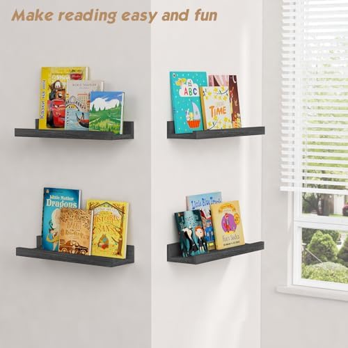 Forbena Black Picture Ledge Shelf, Floating Shelves with Lip for Wall, Small Wall Shelves for Bathroom Bedroom Kitchen Office Living Room Books, Art Pictures, Photo Frame, Plants (4-Pack, Real Wood)