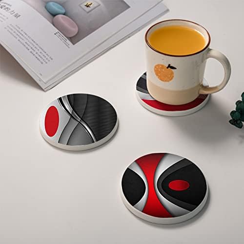 HUXJOKO Coasters for Drinks Set of 6,Modern Red Black Geometric Absorbent Ceramic Coaster,Round Stone Mat,with Cork Base and Metal Holder for Coffee Table Room Bar Home Decor Housewarming Gifts