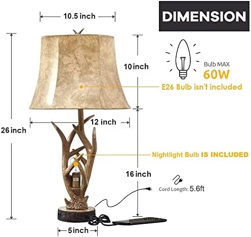 Dungoo 26" Rustic Antler Table Lamps Set of 2 for Bedroom with 2 USB Ports