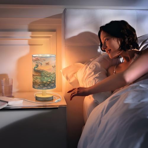 ALAZA Peacock Butterfly Peony Decor Bedside Table Lamp with USB Port for Bedroom Nightstand Office Desk LED Bulb Included