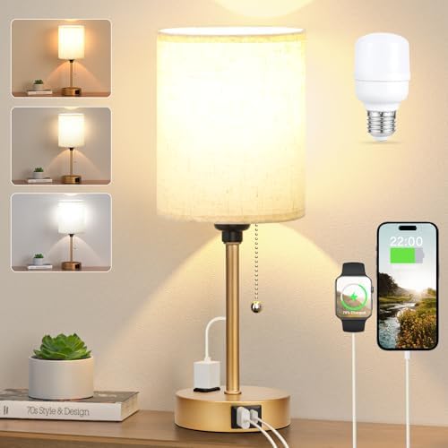 Small Bedside Table Lamp for Bedroom, Desk Lamp with USB Ports for Dorm