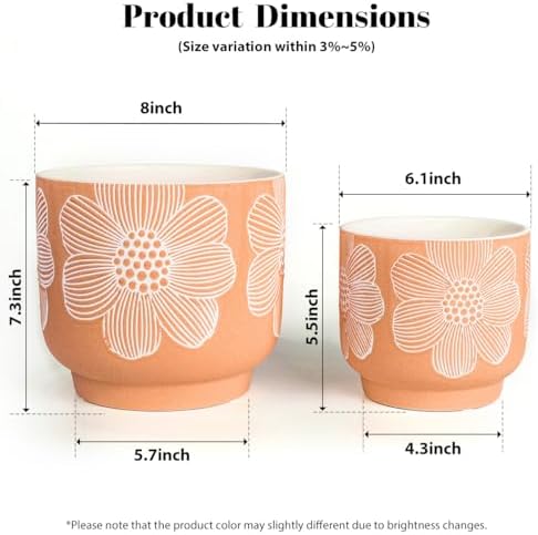 Ceramic Plant Pots, 8+6 Inch, 2 Pcs Indoor Planters with Drainage Holes