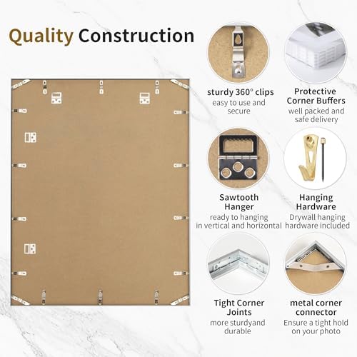 24x28 Metal Picture Frame with 22x26 Mat, Brushed Aluminum Finish, Tempered Glass, and Attached Hanging Hardware - Versatile Wall Display Frames for Vertical or Horizontal Orientation, Silver, 1 Pack