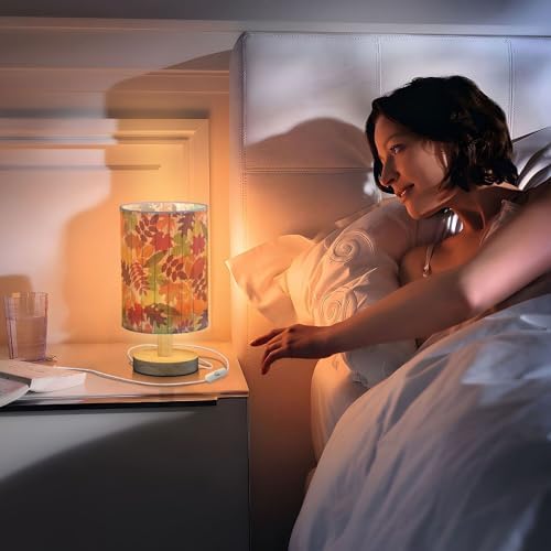 Table Lamp Colorful Autumn Leaves Vintage Wooden Pattern Nightstand Lamp with Wood Base Fabric Lamp Shade Bedside Desk Lamp for Living Room Bedroom Kids Room Office
