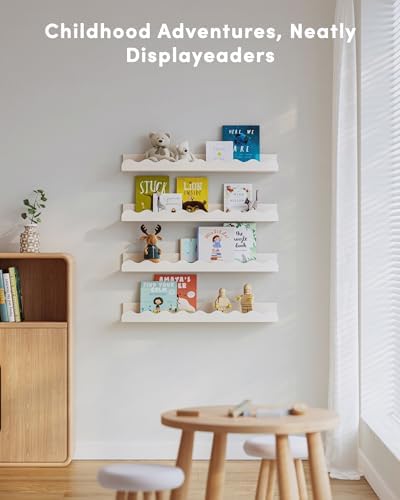 Seocry Kids' Bookshelf Set of 4 - White Floating Nursery Book Shelves, Picture Ledge Shelf for Wall Decor and Storage - Perfect for Books, Toys, Photo Frames, and Nursery Décor