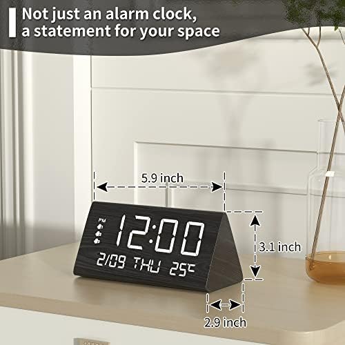 JALL Digital Alarm Clock, with Wooden Electronic LED Time Display, 3 Alarm Settings, Weekday/Weekend Mode, Temperature Detect, Wood Made Electric Clocks for Office, Bedroom, Bedside (Black)