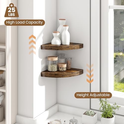 Fun Memories Floating Corner Shelves Set of 2 - Rustic Wood Wall Mounted Storage and Display Shelves for Living Room, Bedroom, Kitchen, Bathroom - Space Saving Home Decor, Brown