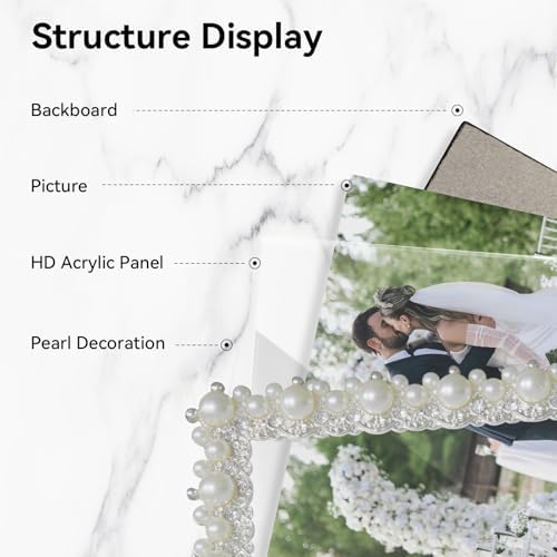 DIKAR 6x8 Wedding Picture Frame, Pearl Photo Frame with HD Acrylic Glass and Metal Frame of Large Pearls & Small Diamonds All Around, for Tabletop or Wall Display Perfect Gifts for Wedding and Anniversary