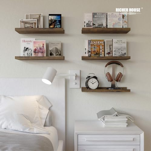 RICHER HOUSE 8-Set Floating Shelves with Lip, Rustic Brown Wall Shelf 16in