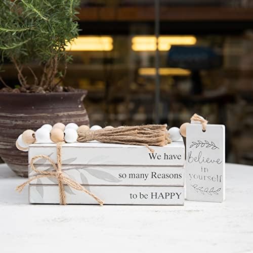 GENMOUS Faux Decorative Books Set for Home Decor, Stacked Wood Books with Wood Beads for Living Room Decor, Faux Books for Display, Shelf Decor, Mantel Decor, Farmhouse (Happy)