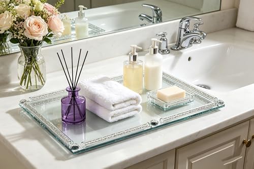 Large Mirror Perfume Tray for Dresser,Silver Crushed Diamond Filled