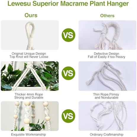 LEWESU Macrame Plant Hanger Indoor Set of 2 with 4 Hooks, Indoor Outdoor Hanging Planter for Plants Holder with Decorative Wood Beads & No Tassels, Boho Home Decor, 35 Inch Ivory (Pots Not Included)