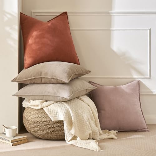 Beige Chenille Throw Pillow Covers 16x16 Inch Set of 2