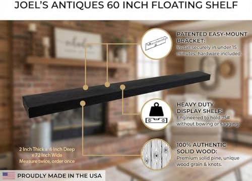 Joel’s Antiques 72 Inch Long Wooden Floating Shelves for Wall - 72x6x2 in - Made of Natural Wood - Heavy Duty Rustic Wall Shelves for Bedroom - Bathroom Shelf, Laundry Room Floating Storage - Black