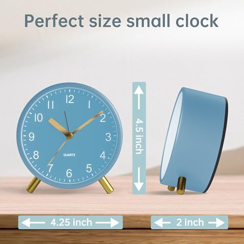 JALL Analog Alarm Clock, 4 inch Super Silent Non Ticking Small Clock with Night Light, Battery Operated, Simple Design, Easy Setting for Office, Bedroom, Bedside, Desk, Teens, Elders, Adult, SkyBlue