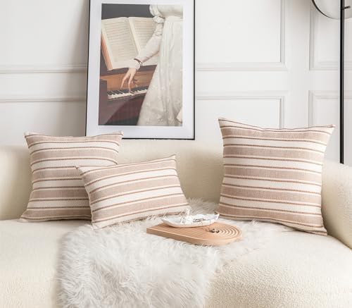 Cethom Decorative Boho Throw Pillow Covers, Farmhouse Textured Pillow Case, 22 x 22 Inch Set of 2, Chair Sofa Bedroom Living Room Home Decor Couch Cushion Case, Brown and Beige Striped