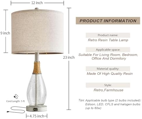 OYEARS 23" Table Lamps for Living Room Set of 2 Bedside Lamps for Night Stands Bedroom Lamps Farmhouse Rattan Boho Lamp Glass Nightlight End Table Lamp with USB C+A (White),Two Light Points