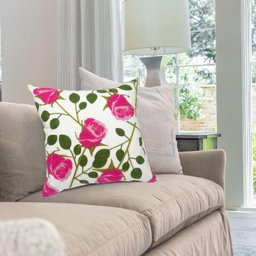 Alysheer Floral Embroidered Farmhouse Decorative Throw Pillow Cover 18"x 18" Set of 2, Cottage Hot Pink Flowers Green Leaves Embroidery Pattern, Cotton Canvas Cushion Case for Sofa Couch Bedroom