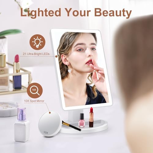 COSMIRROR Lighted Makeup Vanity Mirror with 72 LED Lights 3 Color Lighting | 10X Magnifying Mirror, Dual Power Supply, 180 Degree Rotation Cosmetic Tabletop Light up Mirrors