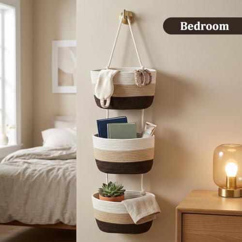 TeoKJ Over the Door Hanging Basket, 3-Tier Woven Cotton Wall-Mounted Storage Organizer Bag Decorative Hanging Nursery Baskets,Gradient Brown